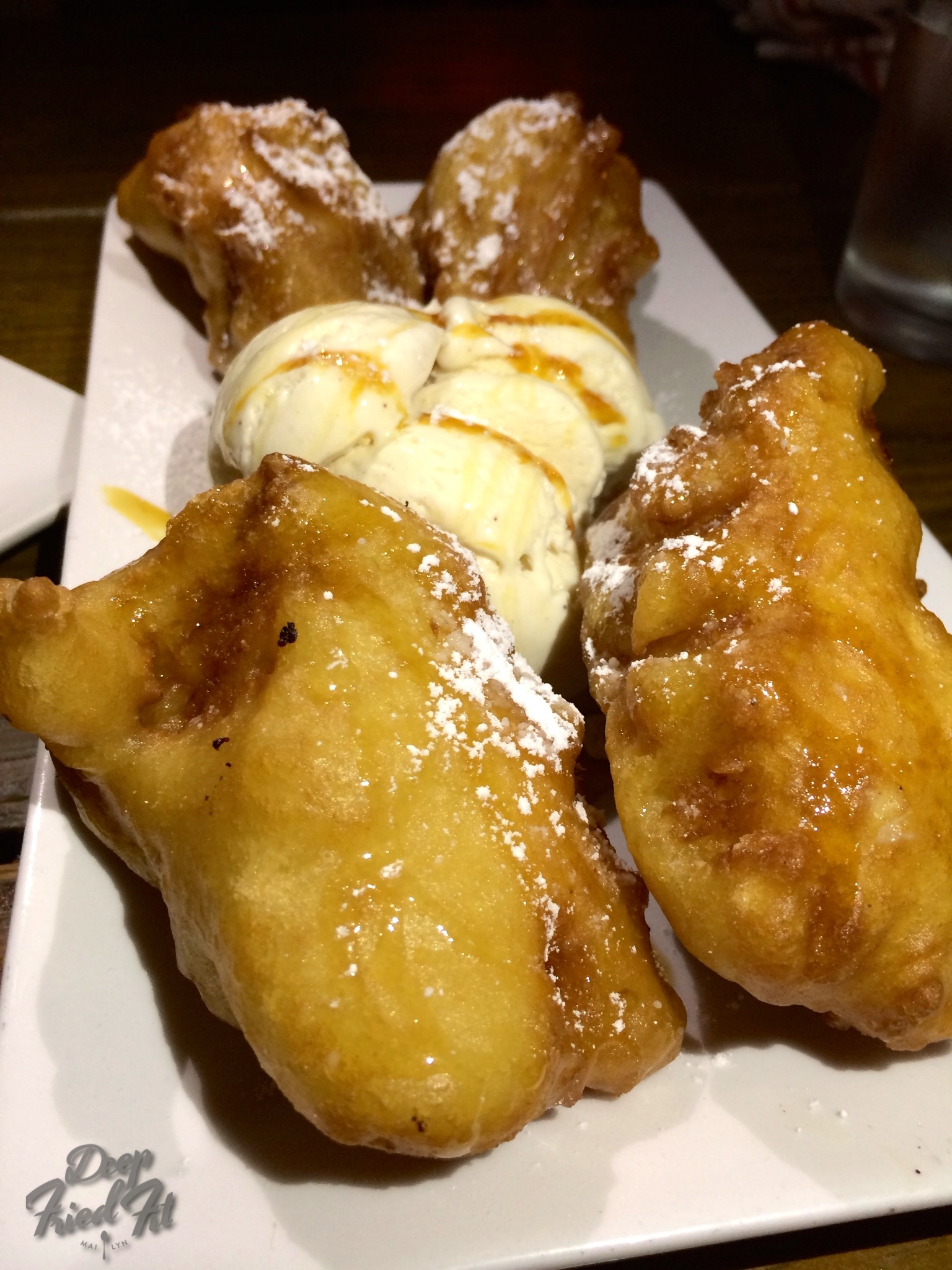 Banana foster beignets with banana ice cream. Mouthwatering.