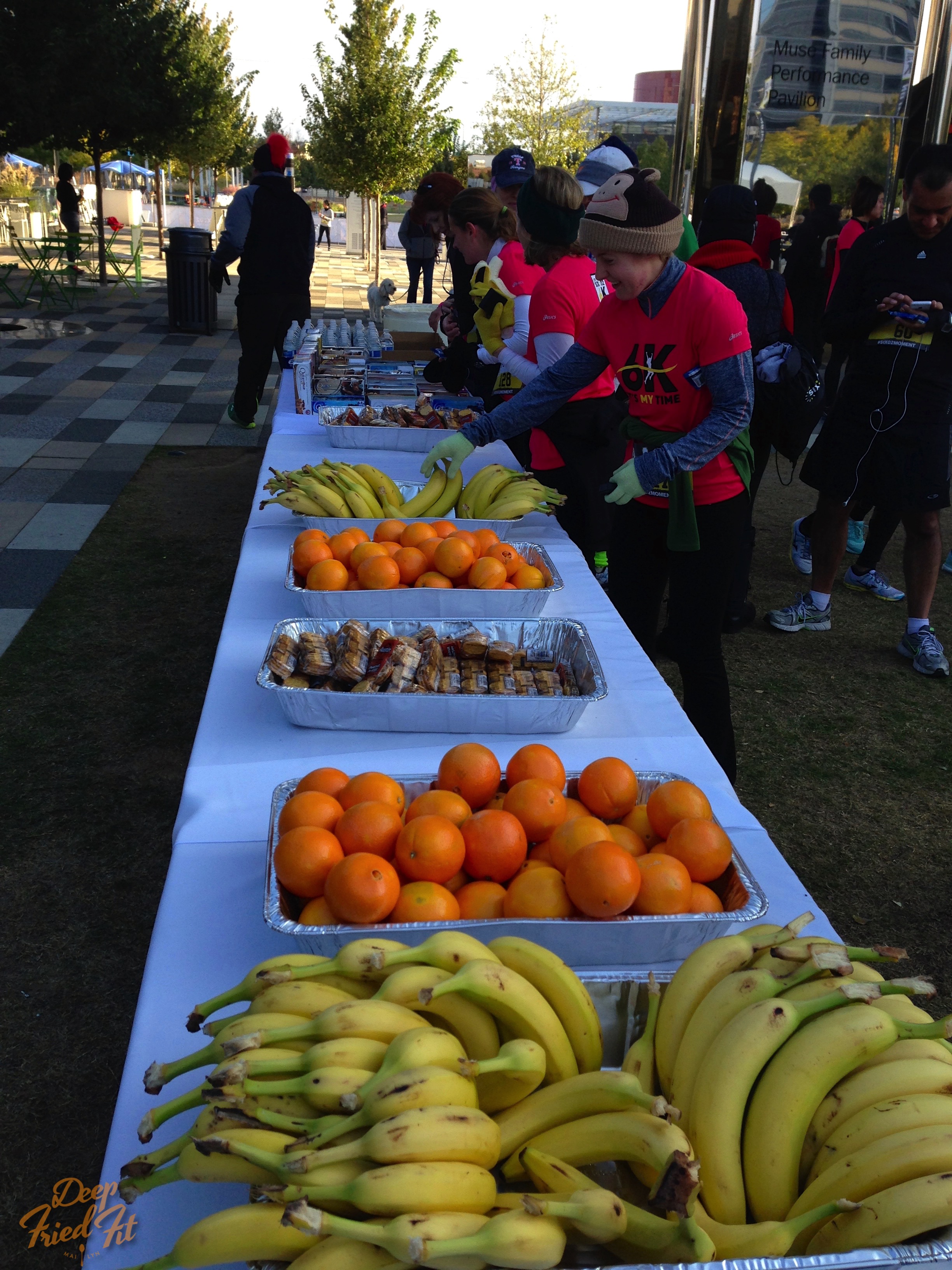 Time to refuel with oranges, bananas, quest bars, and hot chocolate!